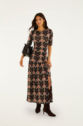 Black Porcelain Birds Long Sleeve Slim Maxi Dress