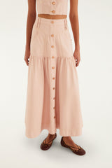 Light Pink Bisne Buttoned Twill Midi Skirt