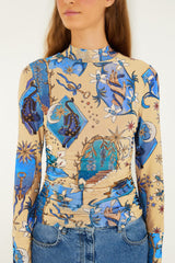 Sand Mystical Long Sleeve Tulle Blouse